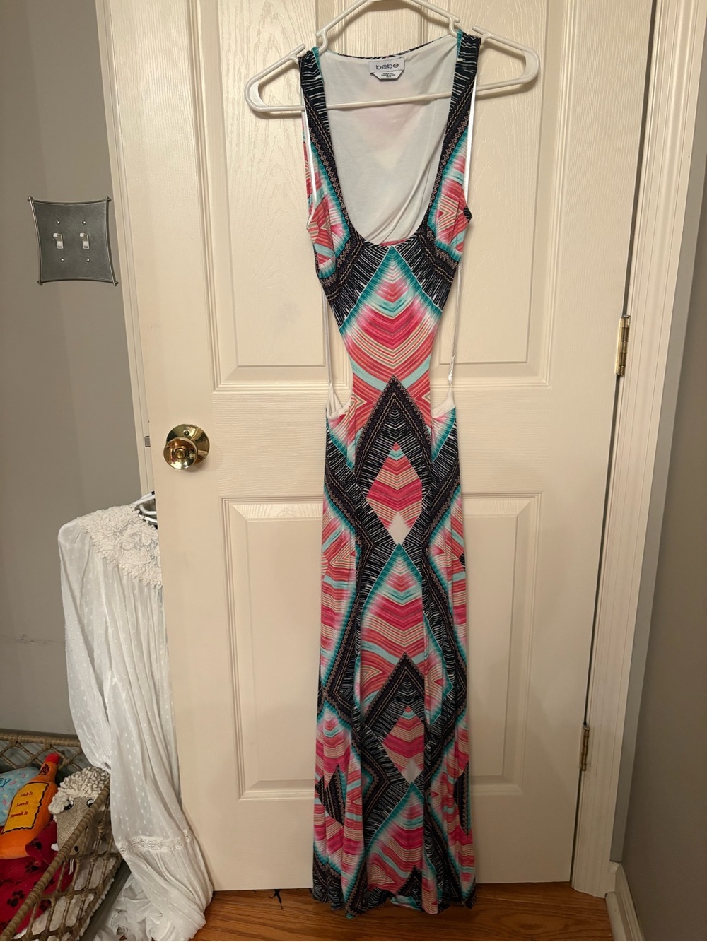 bebe Teal and Pink Geometric Maxi Dress